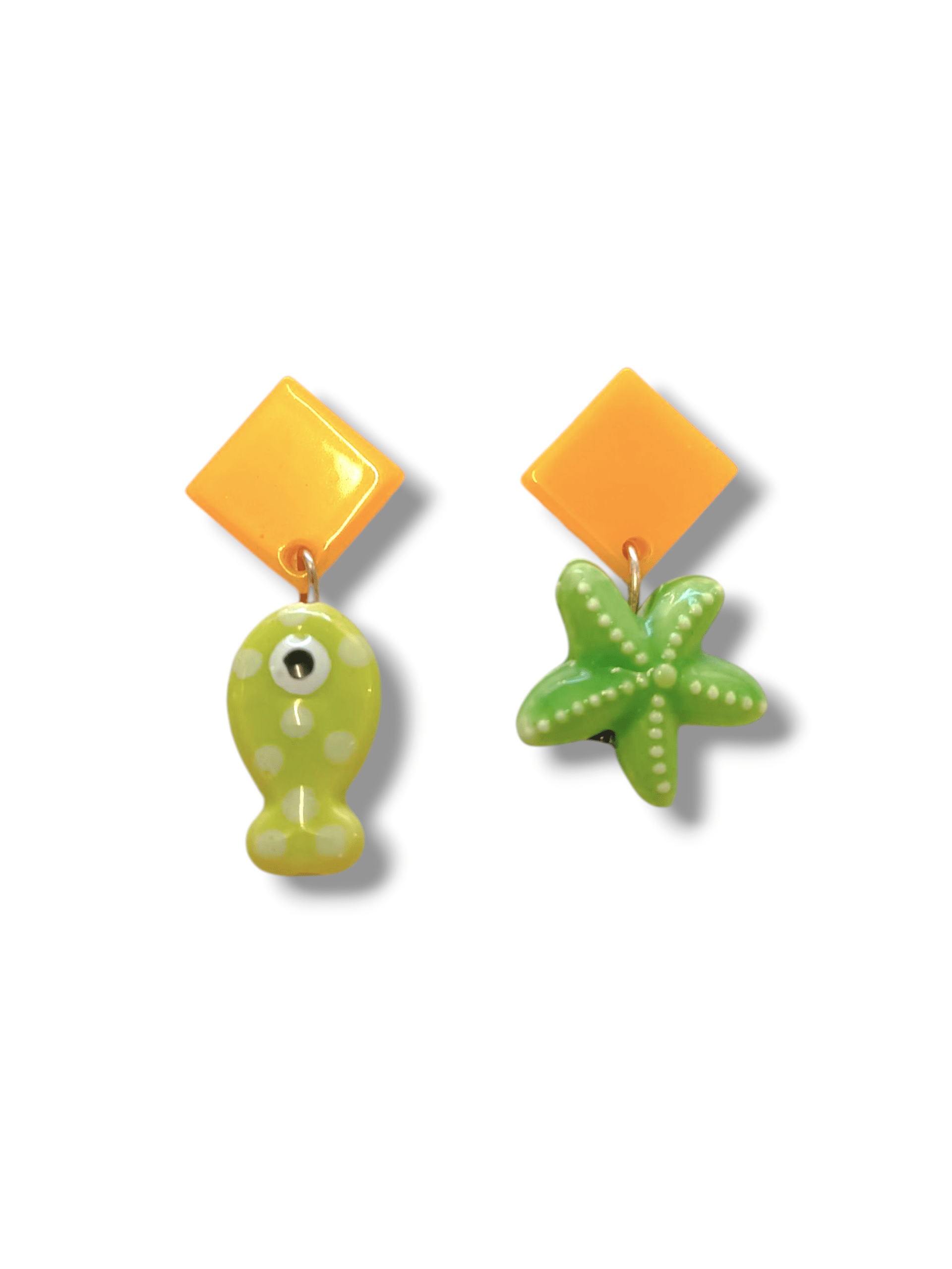 Pendientes pez y estrella de mar verde y amarillo - 1